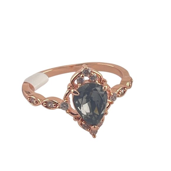 Elegant Rose Gold Tone Teardrop Ring With Blue Stone & Crystal Accents Size 7 - Picture 1 of 9